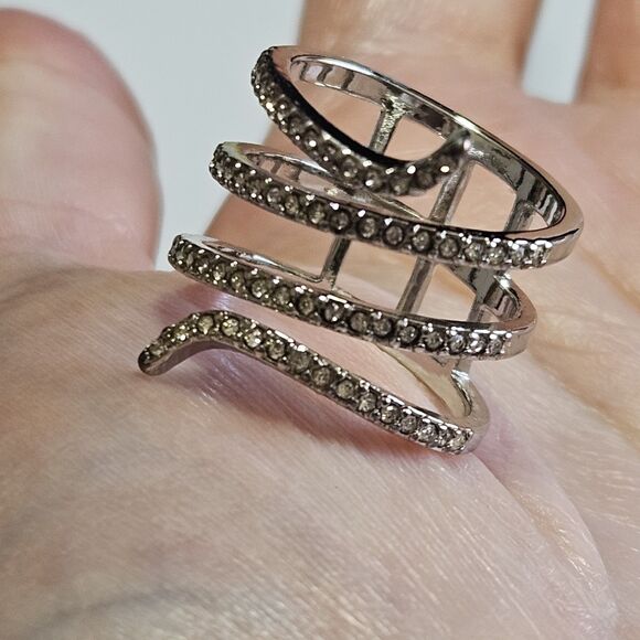 Silver Tone Clear Rhinestone Layered Wrap Ring Size 6.75 - Picture 4 of 12